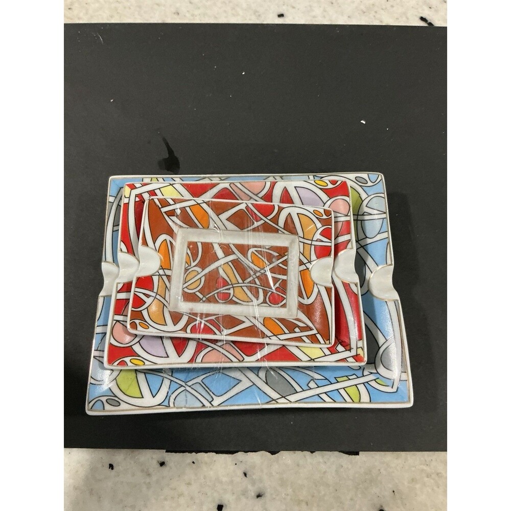 Bijoux Terner Multicolor Decorative Ceramic Rectangle Ashtray Set Glossy Finish